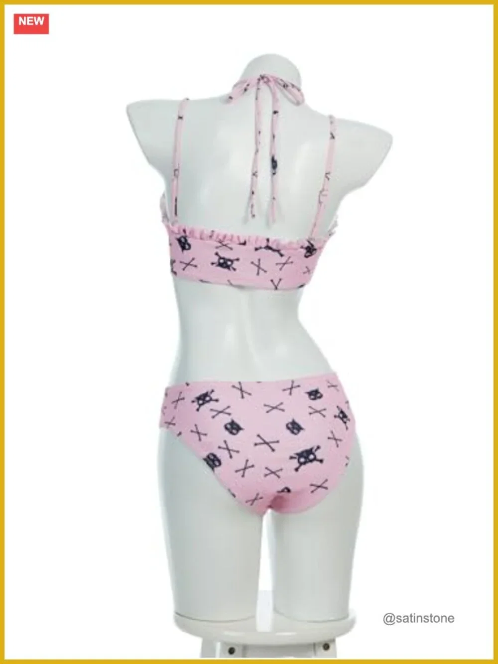 Gothic Bikini Set with Skirt - Cartoon Skull Cat Print Swimwear